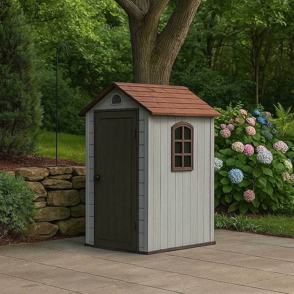 Abri de jardin en résine, toit en pente et fenêtre, gris et marron, 120 x 120 x 200 cm - vvLnyahgT5x3
