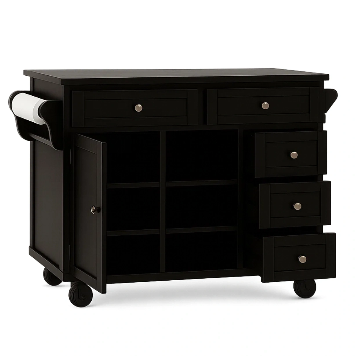 Îlot de cuisine sur roulettes, en bois noir, avec 5 tiroirs, 1 porte et 3 compartiments ouverts, dimensions 90 x 45 x 85 cm, pour le rangement de la cuisine - l5oDBGkRlRKy