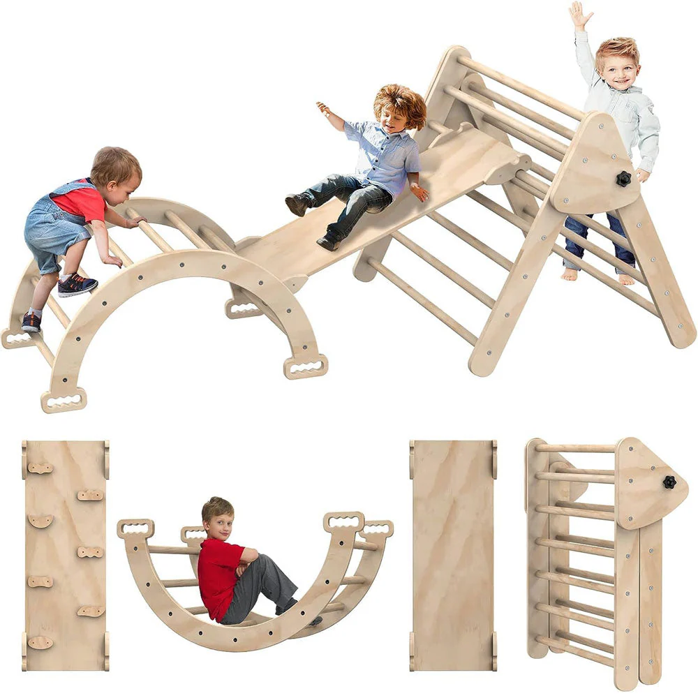 Multifunktionales Montessori-Kletterspielzeug aus Holz in Dreiecksform