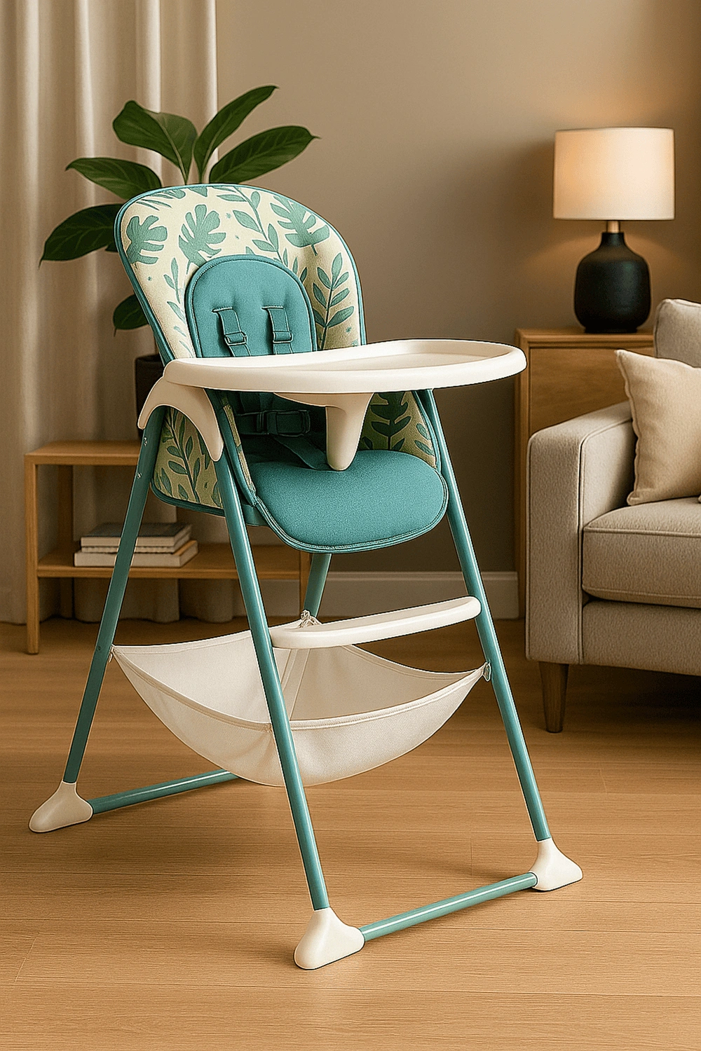 Chaise haute pour enfants avec tablette amovible et harnais de sécurité, jusqu'à 15 kg, coloris vert à motifs, dossier et appui-tête fixes, convient aux enfants de 6 à 36 mois.