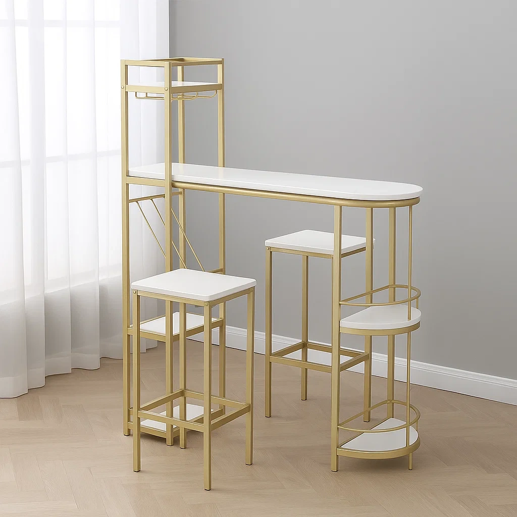 Ensemble table et tabourets de bar, comprenant une table et deux chaises, blanc, bois et métal, pour usage intérieur