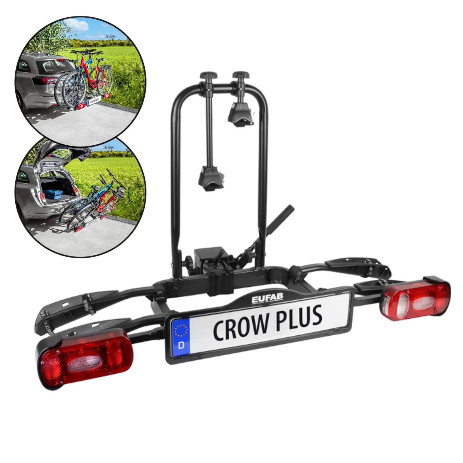 EUFAB Fahrradträger für die Anhängerkupplung (Modell CROW PLUS) – 2025 – für 2 Fahrräder/E-Bikes bis 50 kg. Zusammenklappbar.