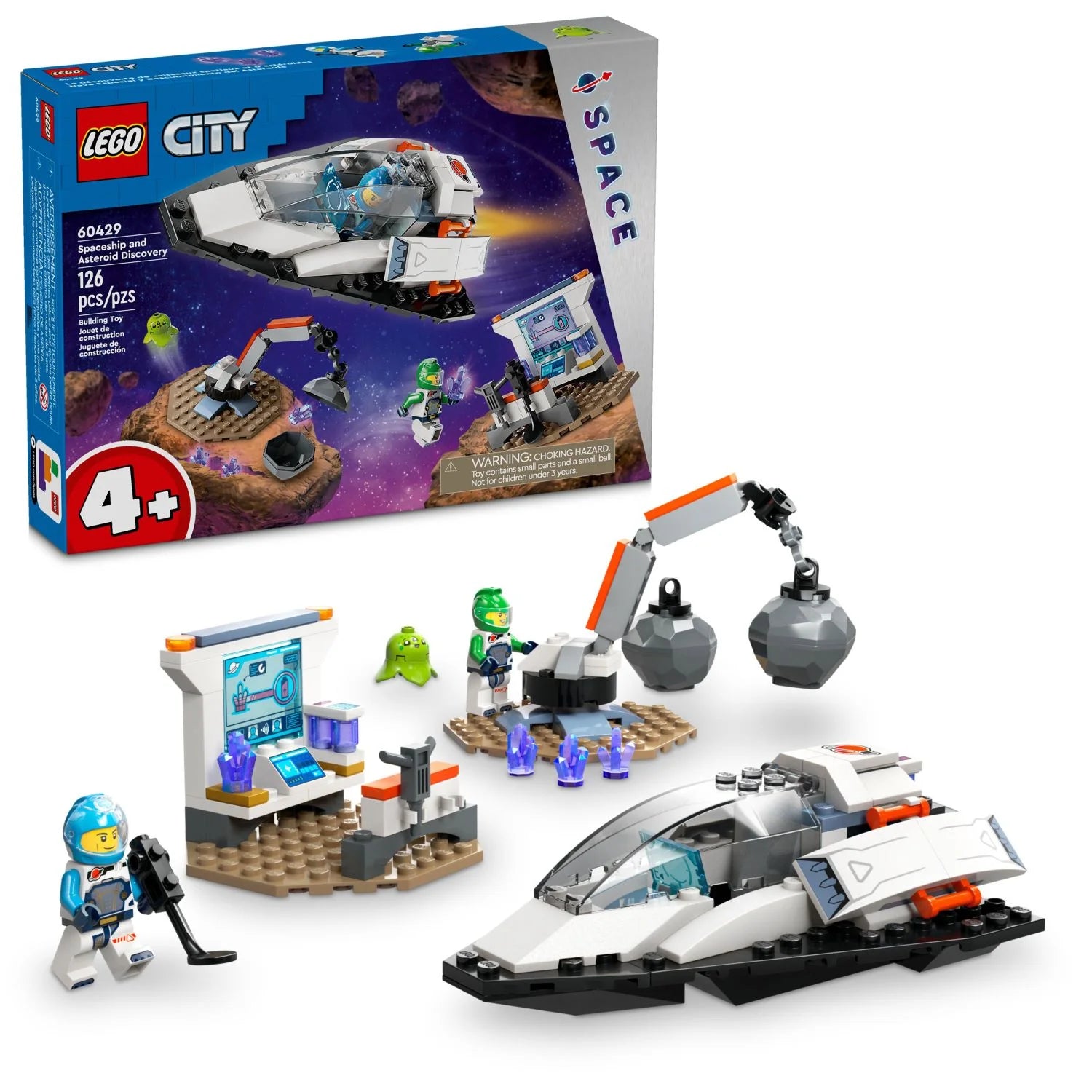 LEGO City Raumschiff- und Asteroidenentdeckungs-Bauset, Geschenk für Kinder ab 4 Jahren, die fantasievolles Spielen lieben, enthält 2 Weltraumcrew-Minifiguren, einen Außerirdischen, Kristalle und einen Kran.
