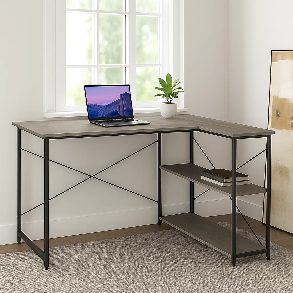 Bureau d'angle en L avec 2 étagères, structure en métal et plateau en bois gris, 120 x 120 x 75 cm - QiDFwIg301aQ