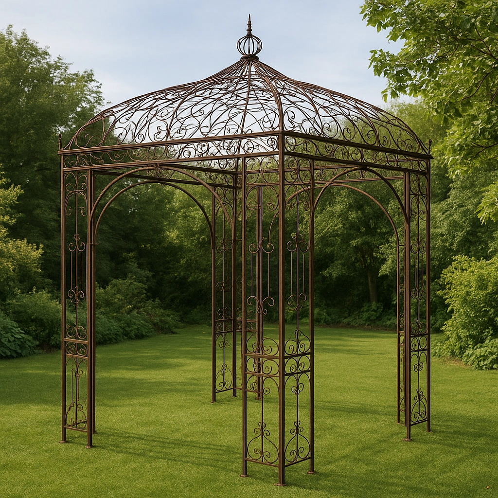 Pavillon décoratif en métal brun, fer forgé, jardin, 250 x 250 x 340 cm