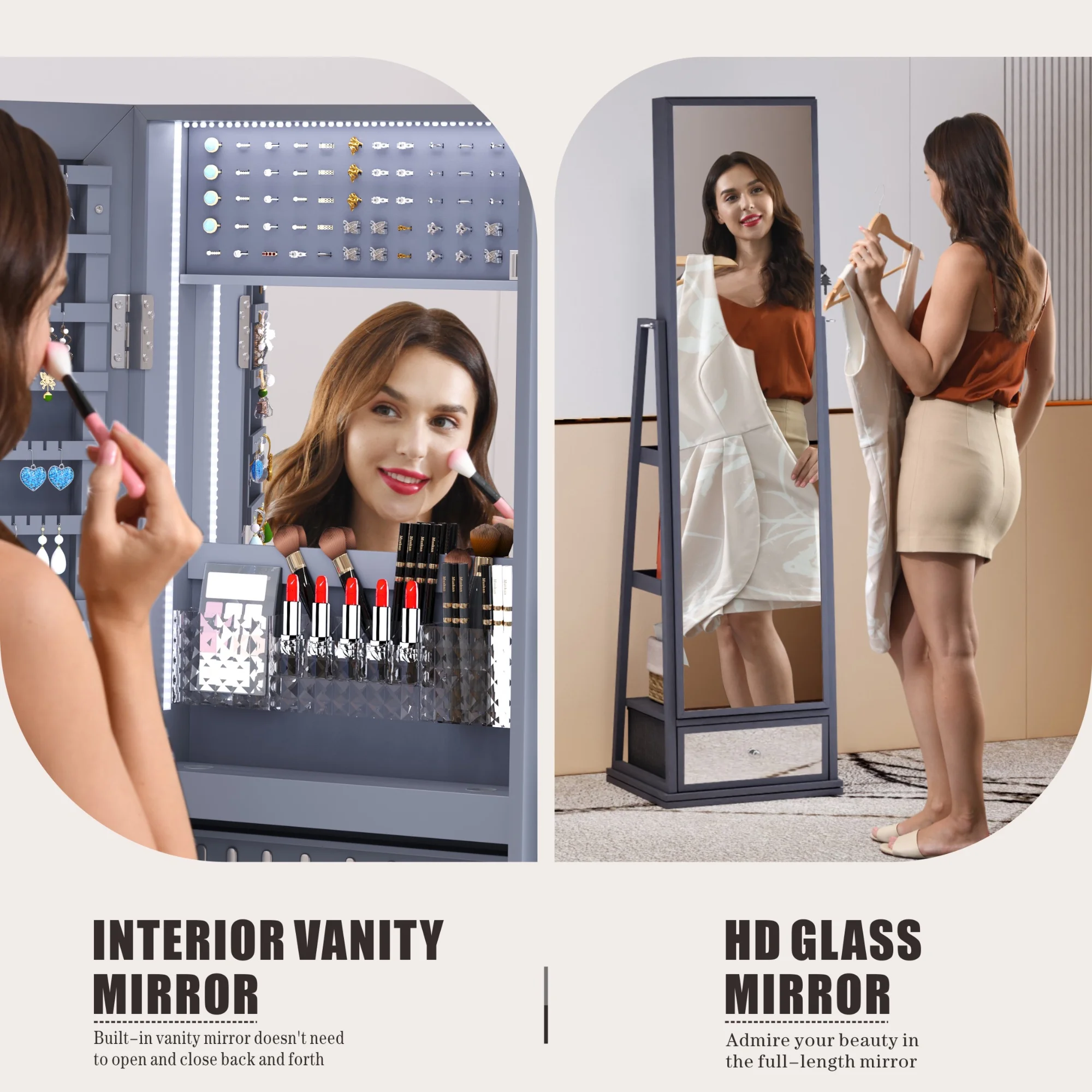 FREDEES Schmuckkästchen mit Spiegel und Beleuchtung: Organizer aus Holz mit Ganzkörperspiegel für Damen. Elegante graue Farbe.