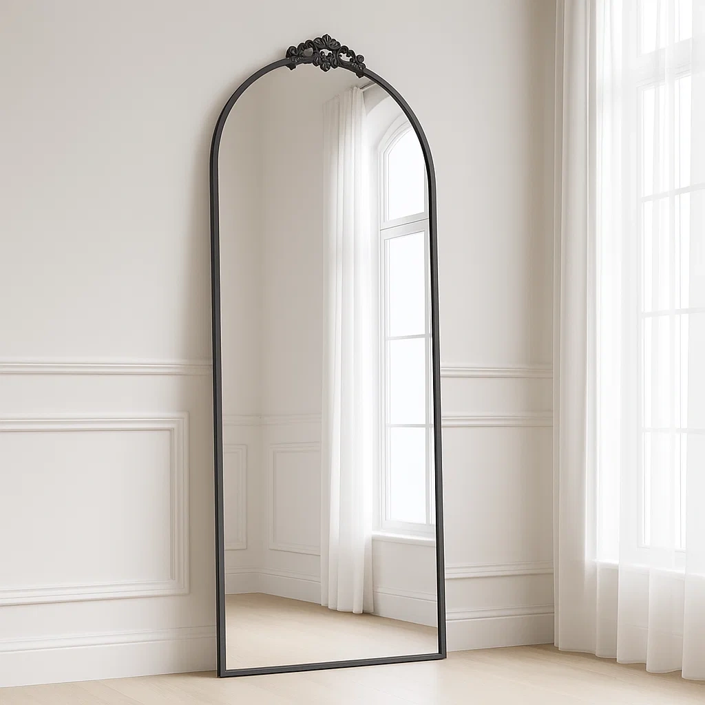 Miroir sur pied, noir, verre et métal, idéal pour le salon, 80 x 3 x 180 cm