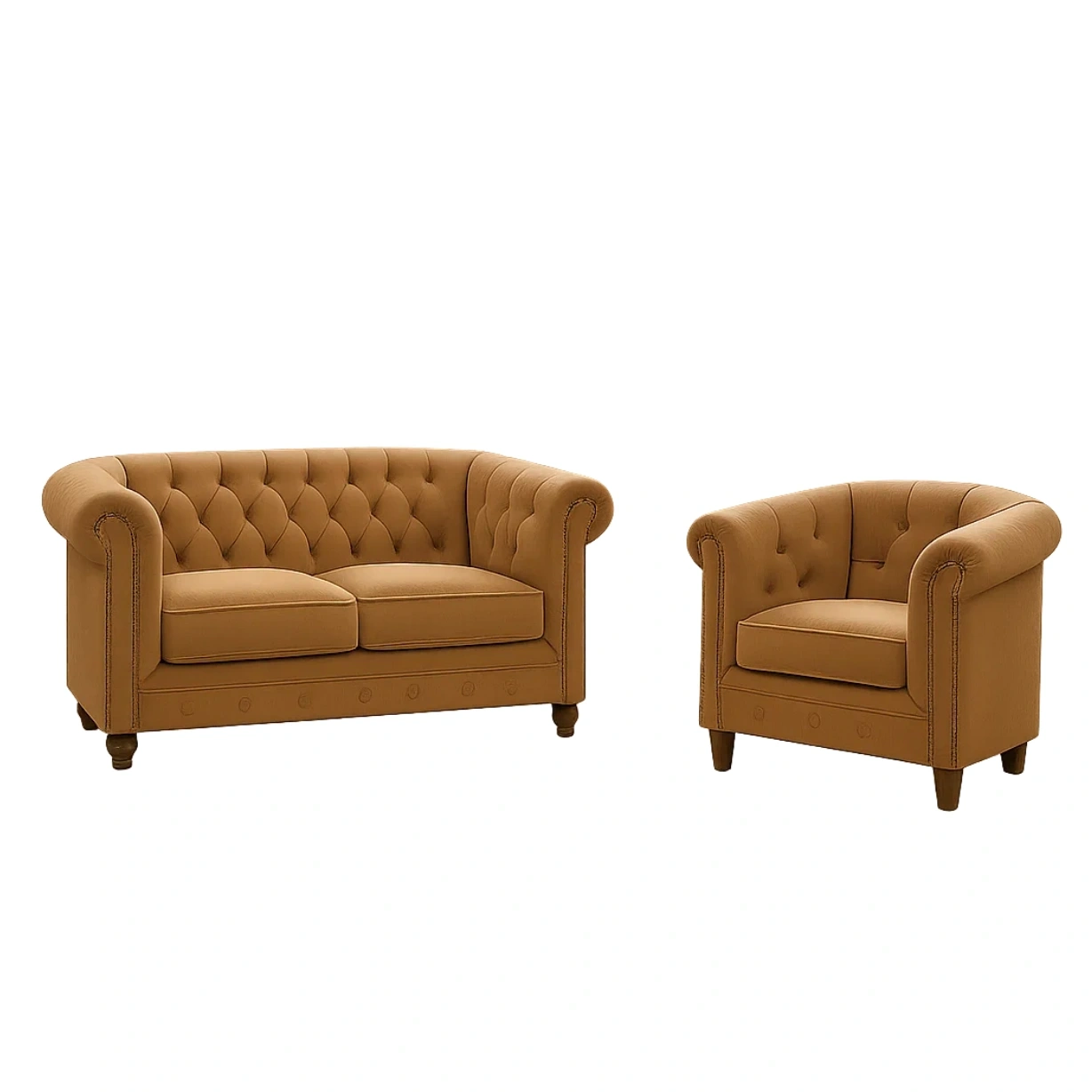 Ensemble canapé 2 places et 1 place, structure en bois, rembourrage en mousse haute densité, revêtement en velours, coloris caramel, pour salon ou bureau, canapé 2 places : 150 x 80 x 78 cm, canapé 1 place : 85 x 80 x 78 cm - CsHUyXK31ao3