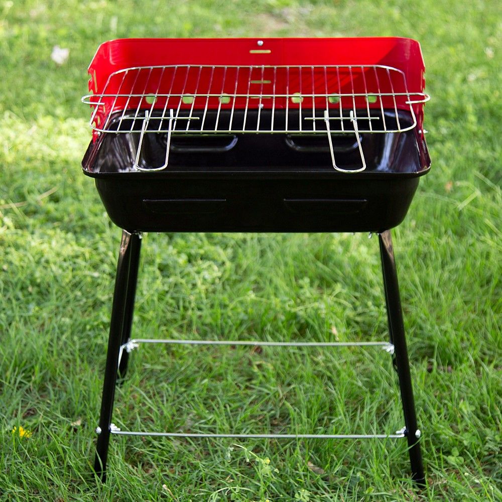 Tragbarer Holzkohlegrill mit Windschutz und höhenverstellbarem Grillrost, 42 x 42 x 54 cm – Stahl. Schwarz und Rot.
