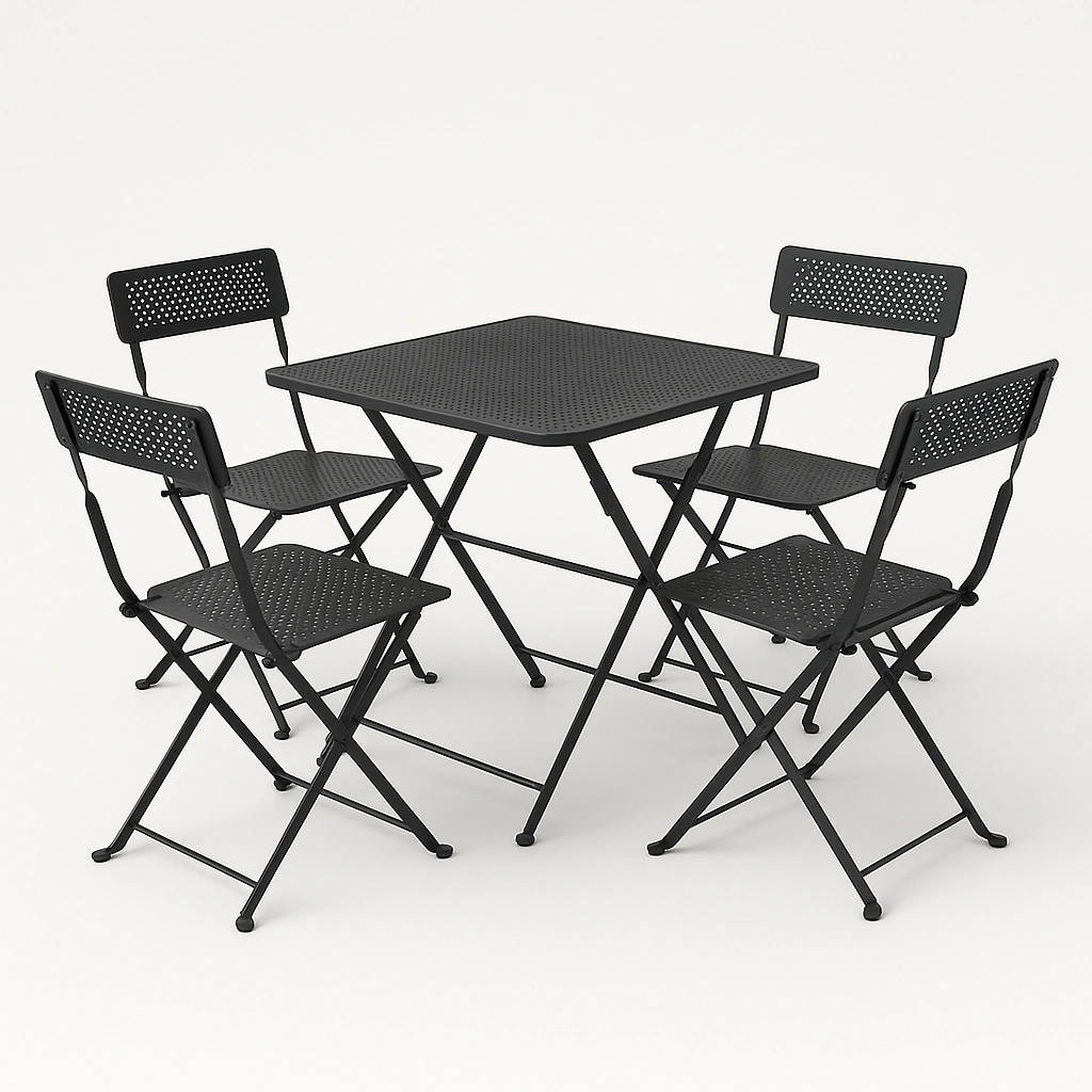 Ensemble table et chaises pliantes, en métal noir perforé pour une utilisation en extérieur