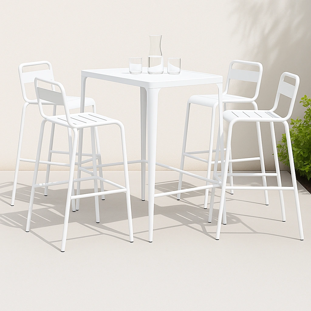 Ensemble bar + table haute avec tabourets + blanc + aluminium + extérieur/intérieur