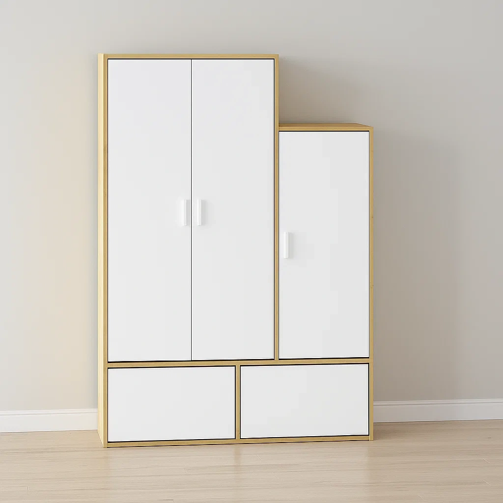 Armoire d'entrée à 3 portes, en mélaminé blanc et naturel clair, pour chambre ou espace de rangement, 120×50×160 cm - mnLc6eLc7Bd8