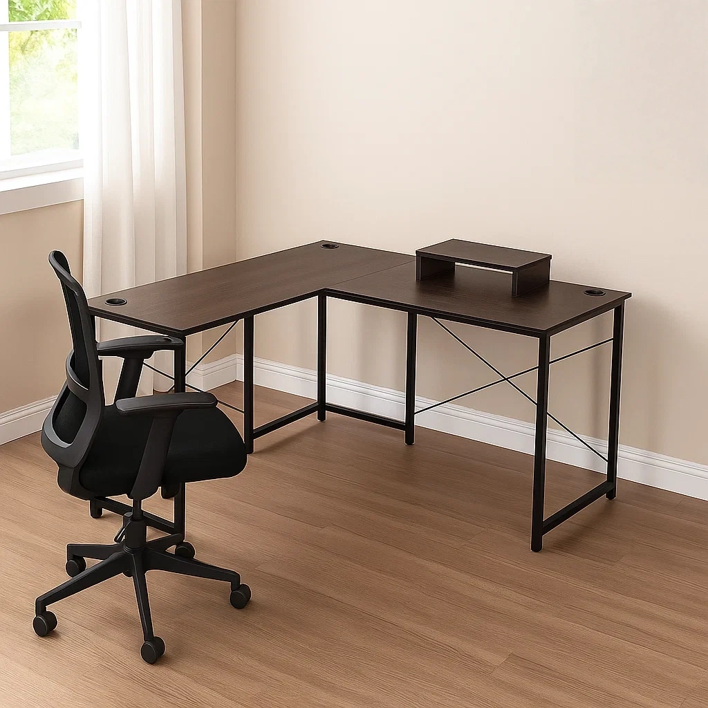 Bureau d'ordinateur en L, panneaux de particules et métal, marron et noir, avec support pour écran et système de gestion des câbles, structure fixe avec entretoises en X, 150 x 150 x 75 cm, idéal pour un bureau ou un coin d'étude - 1xmUeek0X6P1