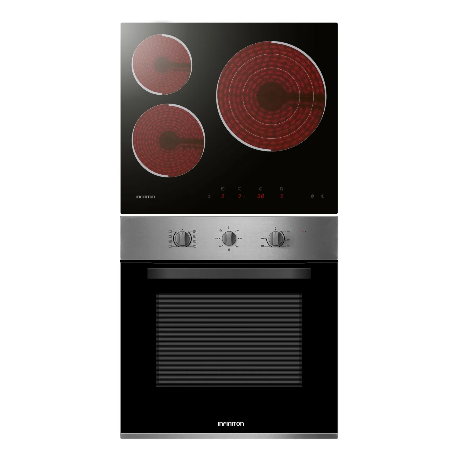 Infiniton HV-CB65H30 Multifunktions-Backofen mit Cerankochfeld, 8 Kochfunktionen und 3 Kochzonen, Energieeffizienzklasse A – Edelstahl