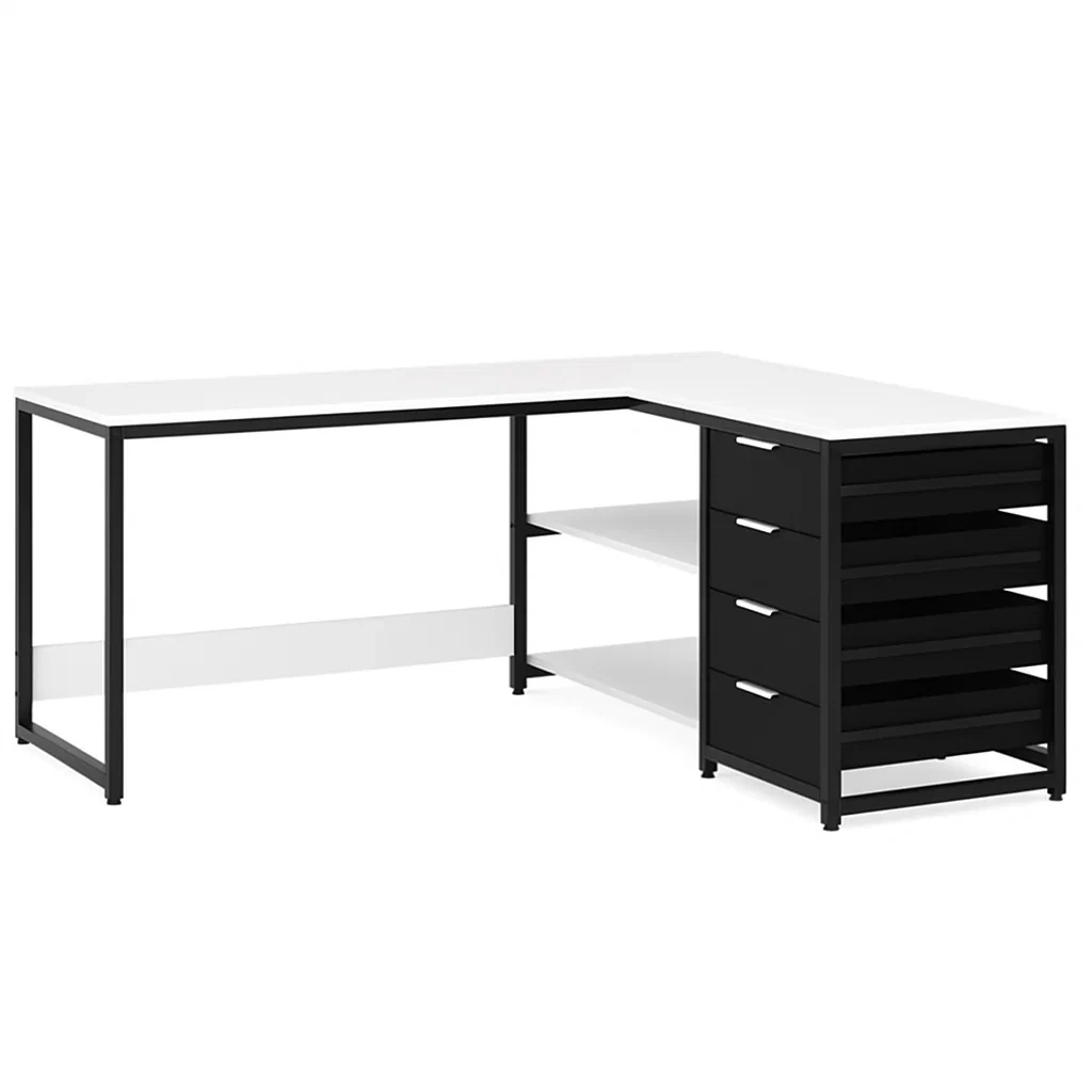Bureau d'angle en L avec 4 tiroirs et étagères ouvertes, noir et blanc, 140 x 120 x 75 cm - AEBVMIv304lW