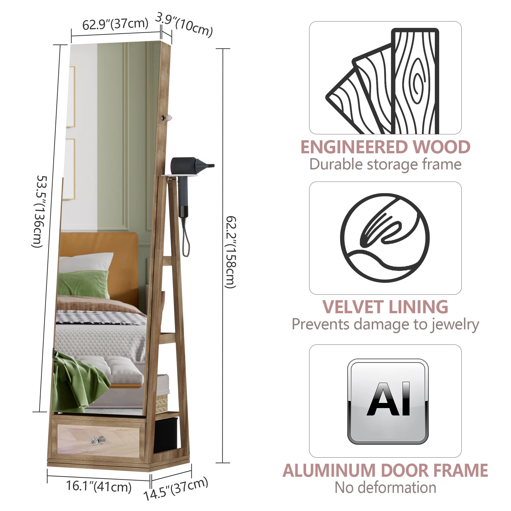 360° drehbare Schmuckschatulle mit Spiegel, LED-Beleuchtung und Schloss – Braun