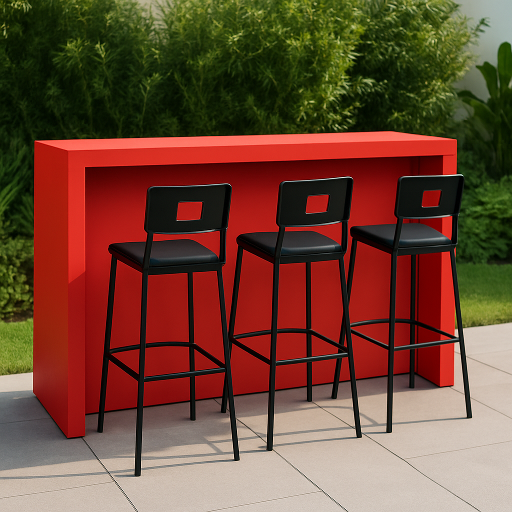 Bar de jardin avec tabourets, en métal rouge et noir, pour extérieur, 180 × 60 × 110 cm