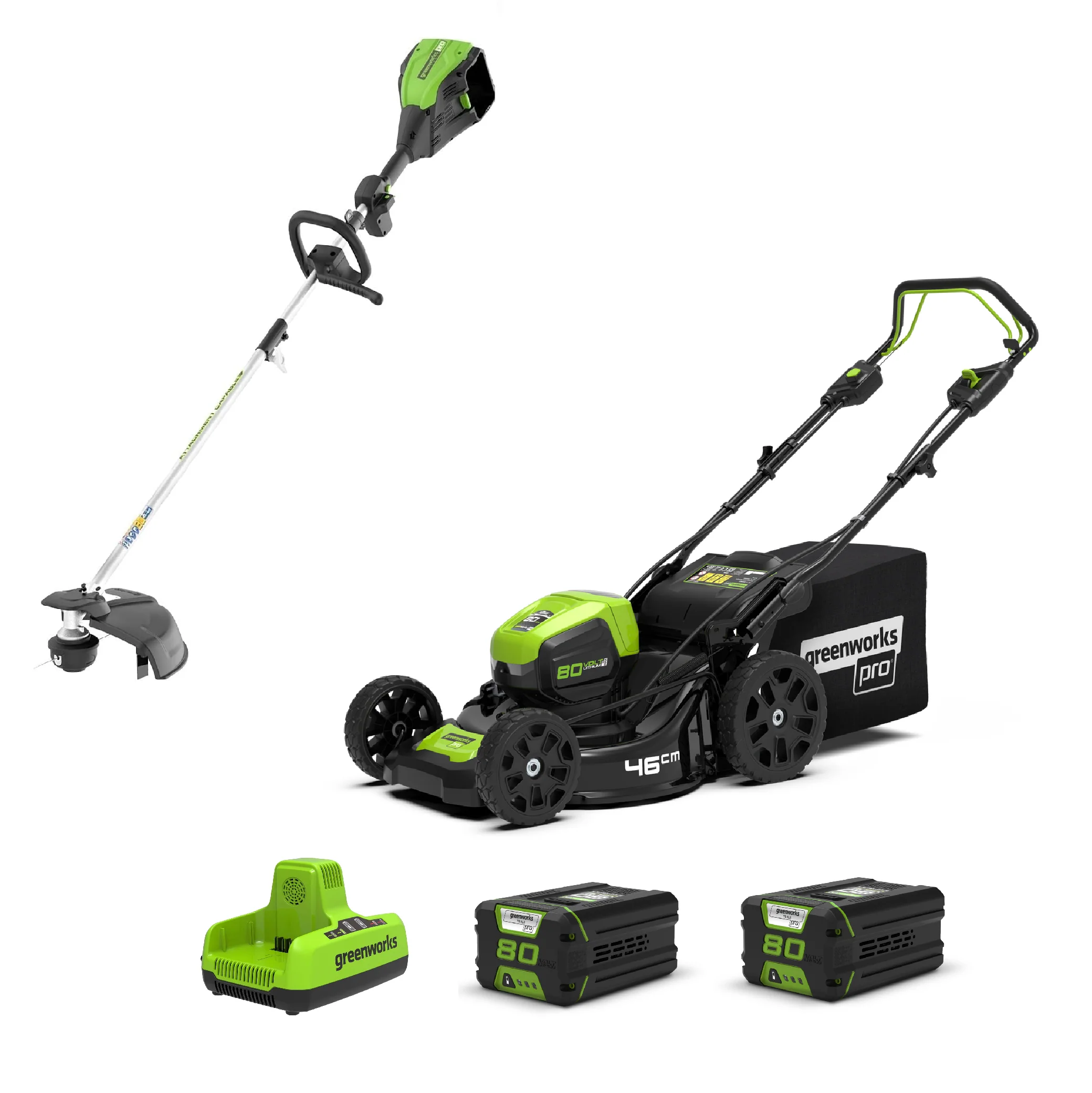 2025 Set Combo 80V Rasenmäher mit Radantrieb (46 cm) + Kantentrimmer (36 cm) – inklusive 2 x 2-Ah-Akkus und Ladegerät