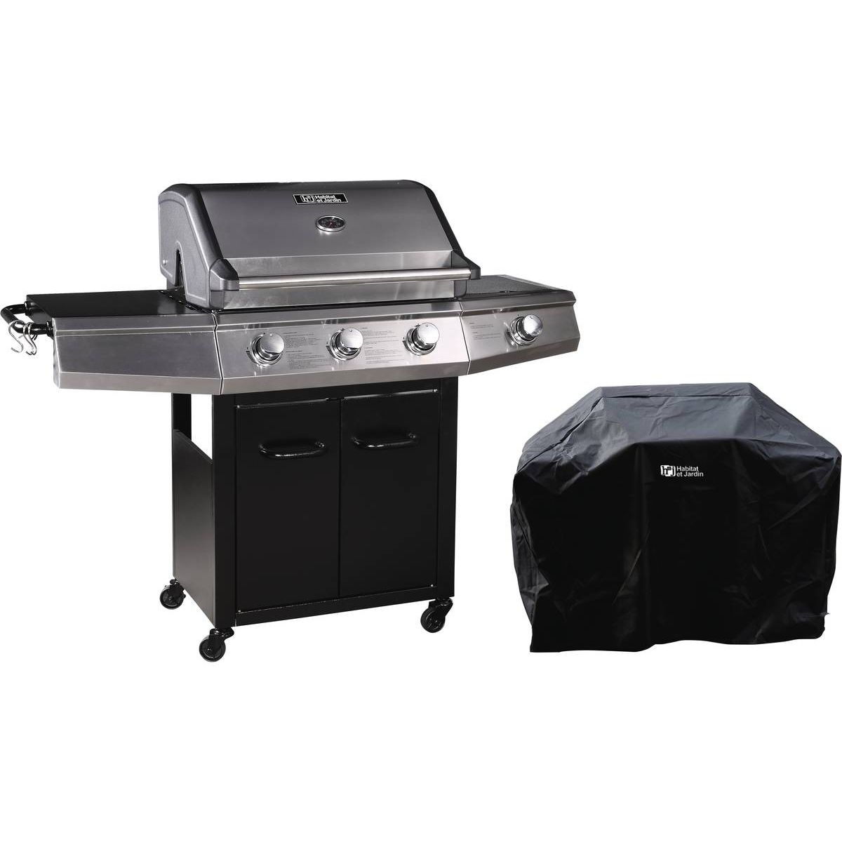Gasgrill mit LED-Beleuchtung „Bingo 4“ – 4 Brenner (1 Seite) – 14 kW + Schutzabdeckung – Schwarz
