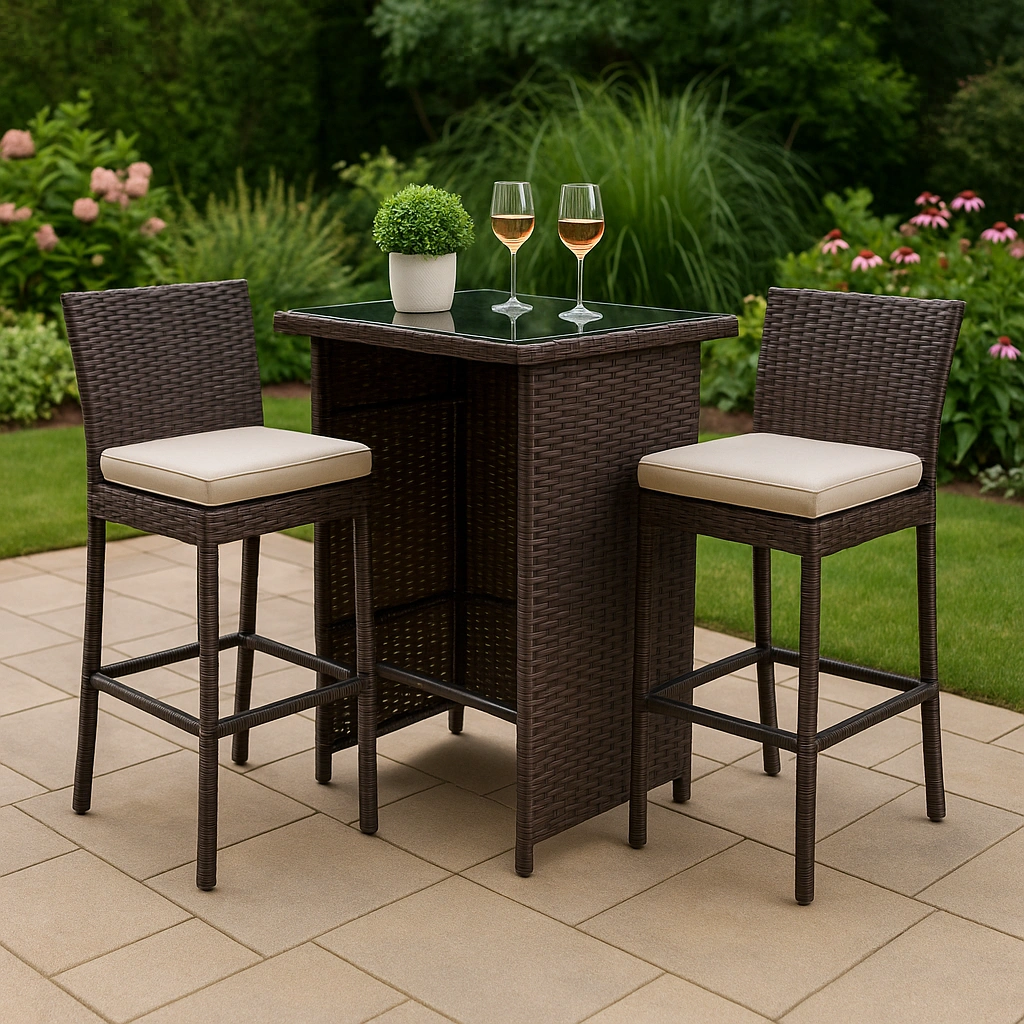 Ensemble table et tabourets de bar de jardin en rotin marron