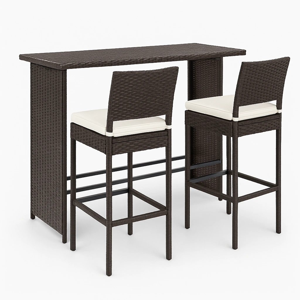 Ensemble de bar d'extérieur en rotin synthétique marron avec chaises blanches