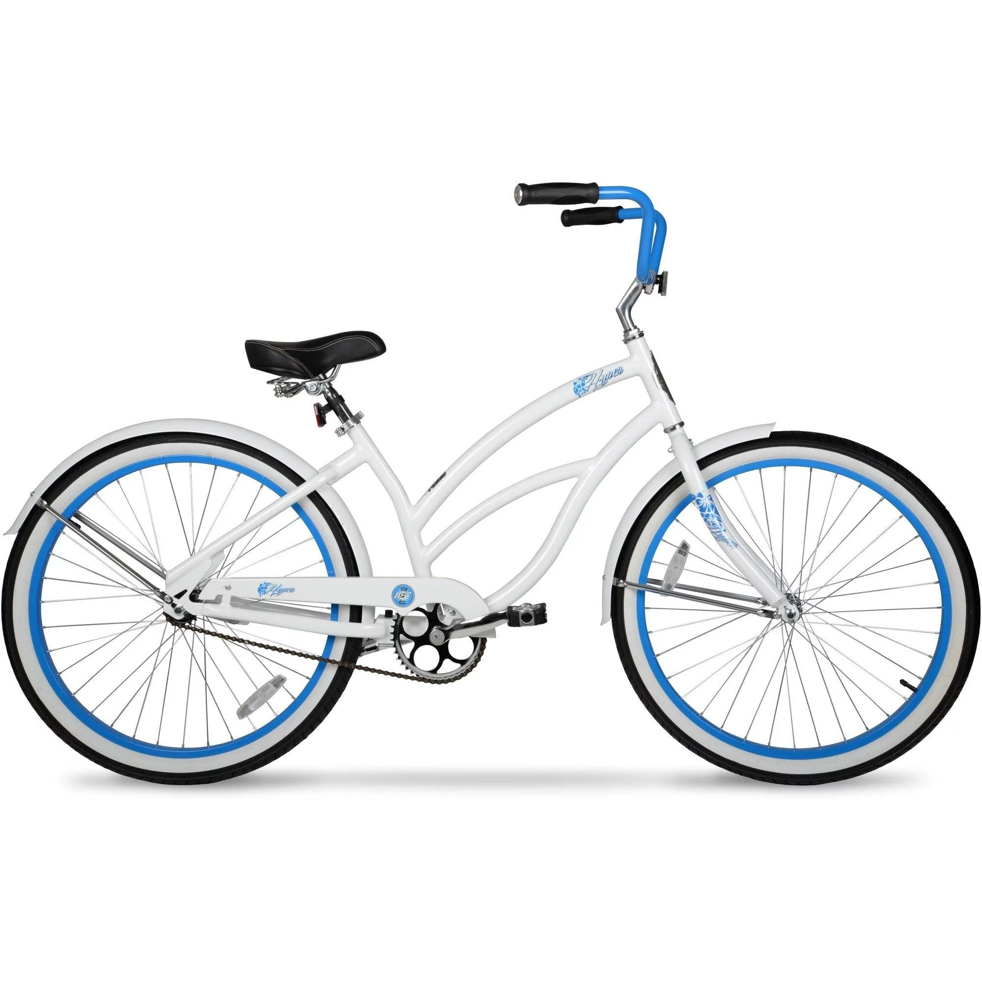 Hyper Damen-Strandfahrrad. 26 Zoll. Weiß mit blauen Felgen.