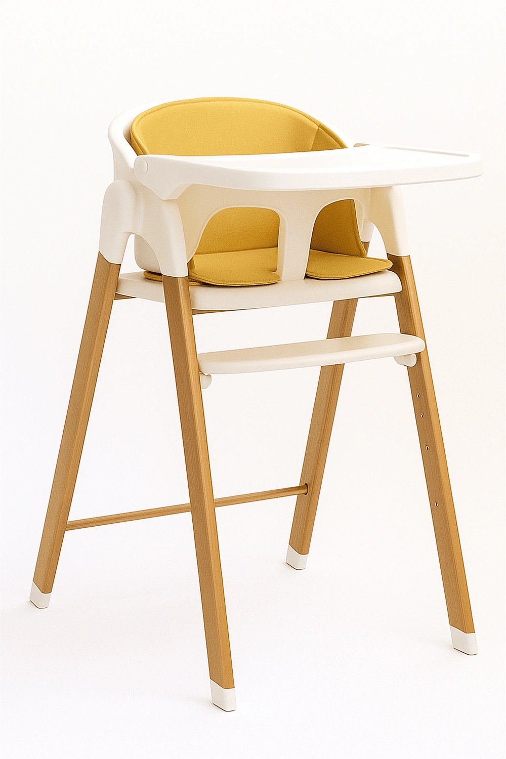 Chaise haute en plastique avec tablette fixe et pieds en bois, jusqu'à 15 kg, blanche et jaune, pour les enfants de 6 à 36 mois.
