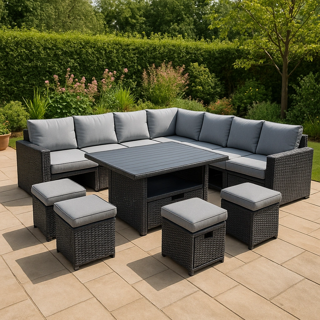 Ensemble de mobilier de jardin modulaire avec canapé, table et poufs, gris/noir, résine synthétique/aluminium pour jardin
