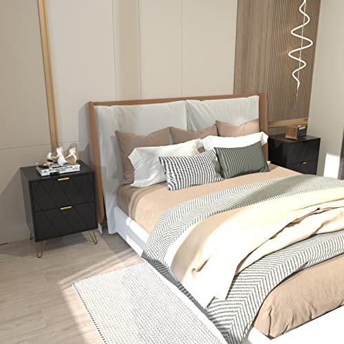 Anbuy Nachttisch 2025, schwarz, mit goldenen Griffen – Beistelltisch mit 2 Schubladen