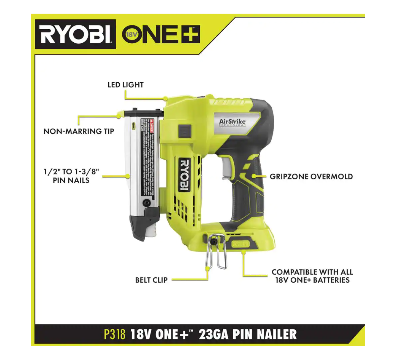 2025 RYOBI P320P318 ONE Kit Combo 2 18V Akku-Werkzeuge mit 18 Kal. Brad Nagelpistole und 23 Kal. 1-3/8 Zoll Kopfloser Nagelpistole (Nur Werkzeuge)