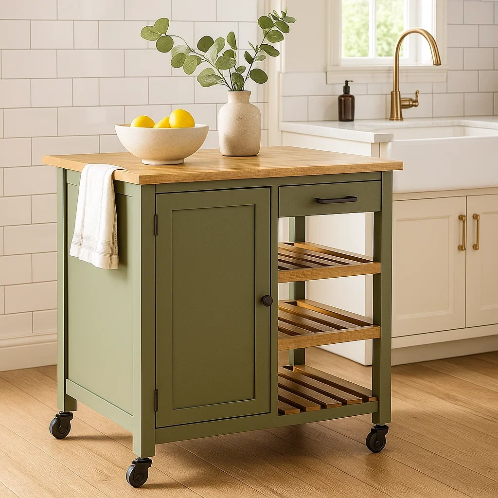 Îlot de cuisine rectangulaire en MDF vert, avec plan de travail en bois clair, sur roulettes, tiroir, étagères ouvertes et placard, 90 x 45 x 89 cm, usage domestique - X88KKKYXm8II