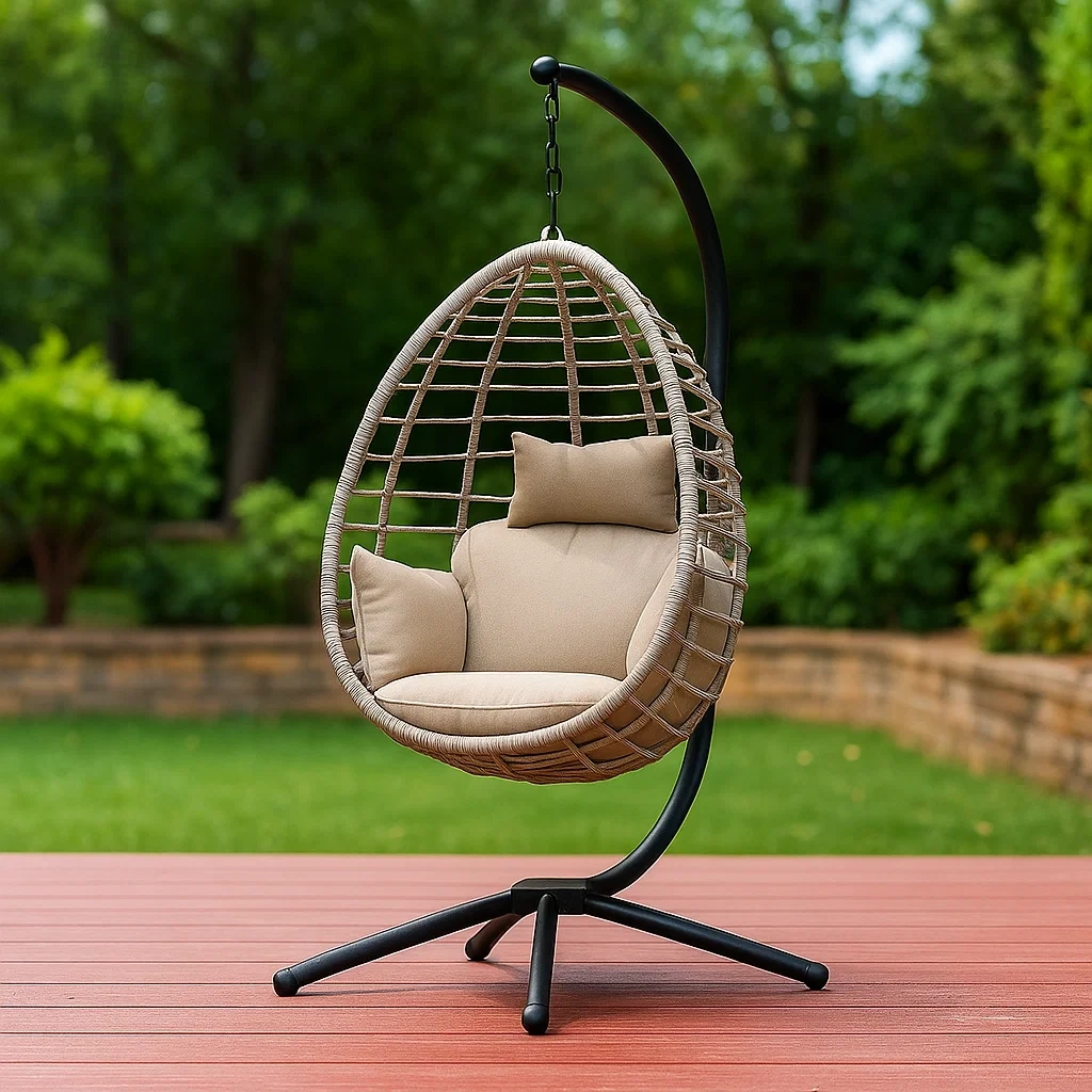 Fauteuil suspendu en forme d'œuf, rotin synthétique, beige et noir, avec support, pour jardin, 105 x 70 x 195 cm - ipDaNxfAjF9w