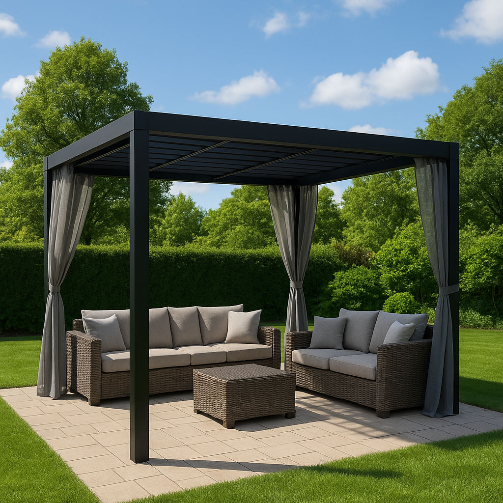 Pergola autoportante en aluminium gris pour jardin extérieur 360 x 298,5 x 221,5 cm