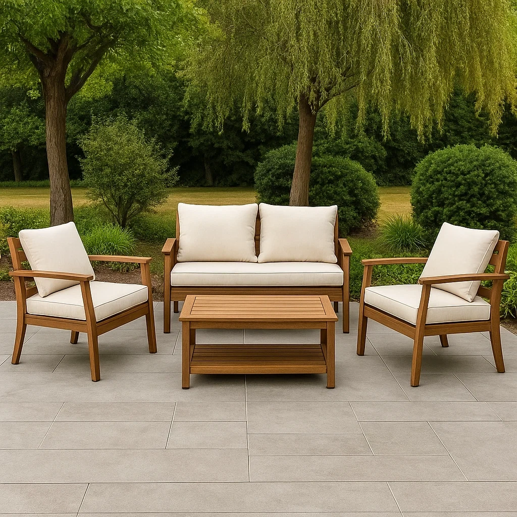 Salon de jardin 4 places, bois, beige et marron, rectangulaire, résistant aux intempéries, canapé 130 x 80 x 75 cm, fauteuil 60 x 60 x 80 cm, table basse 100 x 50 x 45 cm - 3j3XiYSKiLda