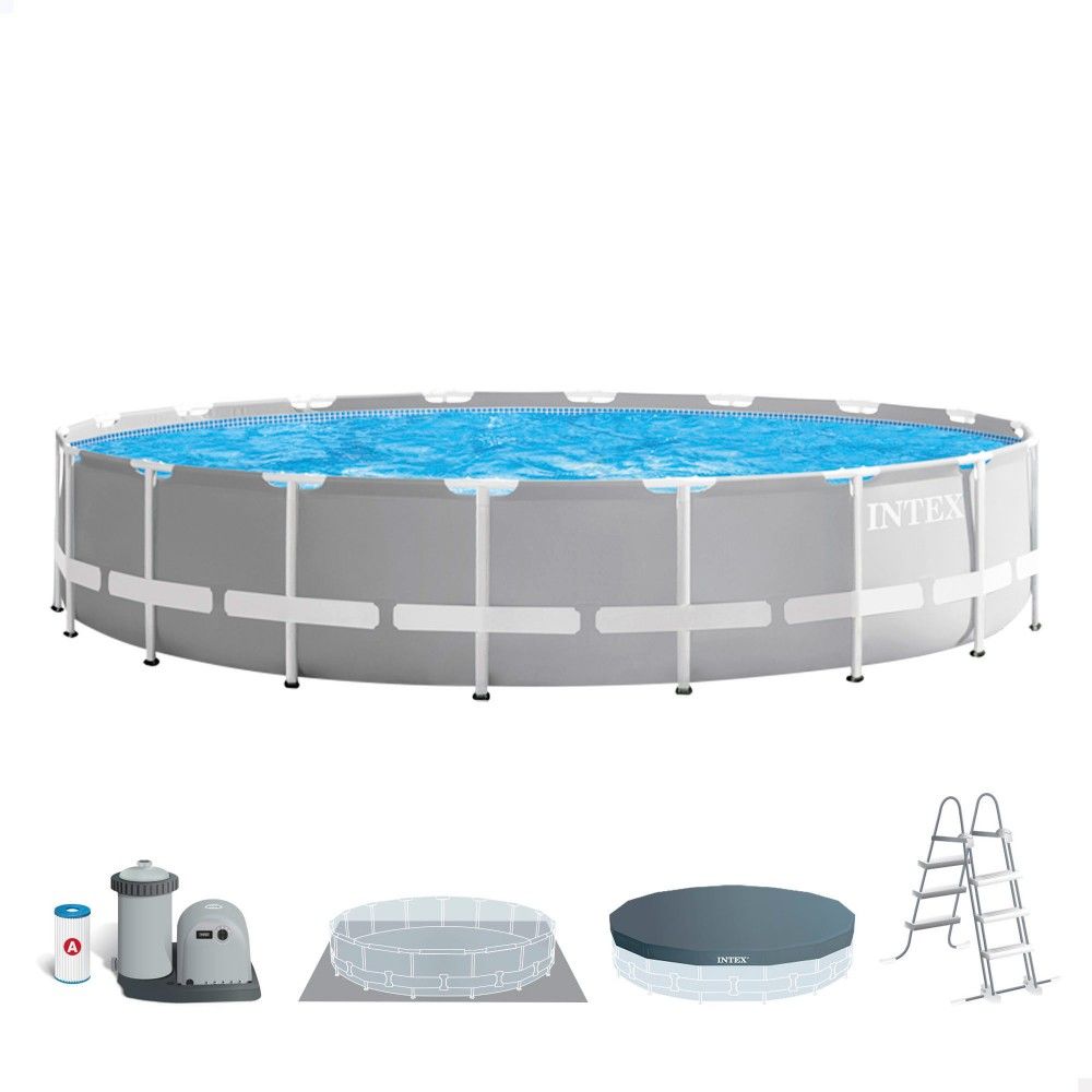 Intex 549x122cm Runder, röhrenförmiger PVC-Aufstellpool, Grau, mit Filterpumpe