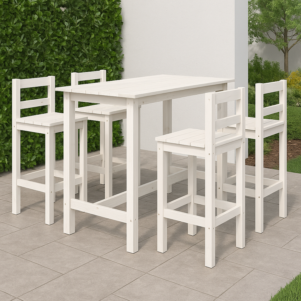 Ensemble bar de jardin extérieur avec tabourets en pin blanc, 121 x 82 x 110 cm