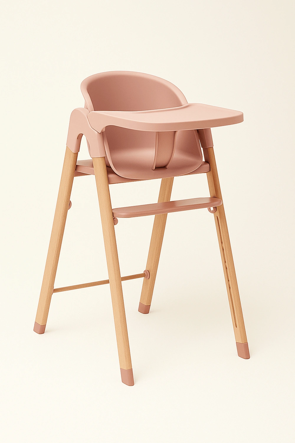 Chaise haute en plastique rose avec tablette fixe et pieds en bois, adaptée aux enfants jusqu'à 15 kg, de 6 à 36 mois.