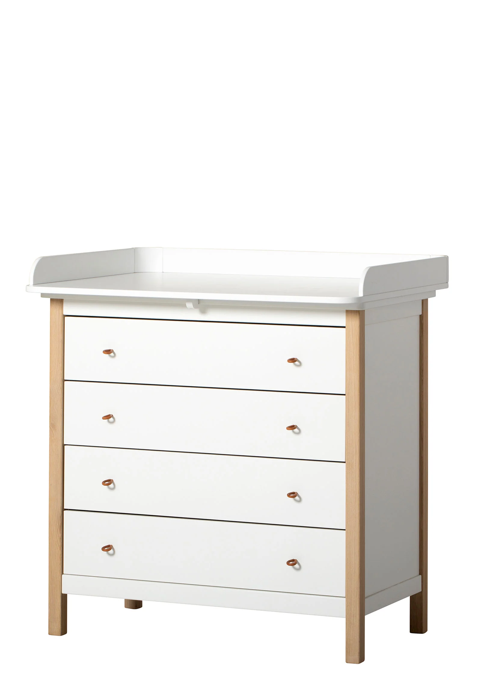 Kommode „Wood“ mit Wickeltisch und 4 Schubladen, Modell 2025. Farbe: Weiß/Eiche.