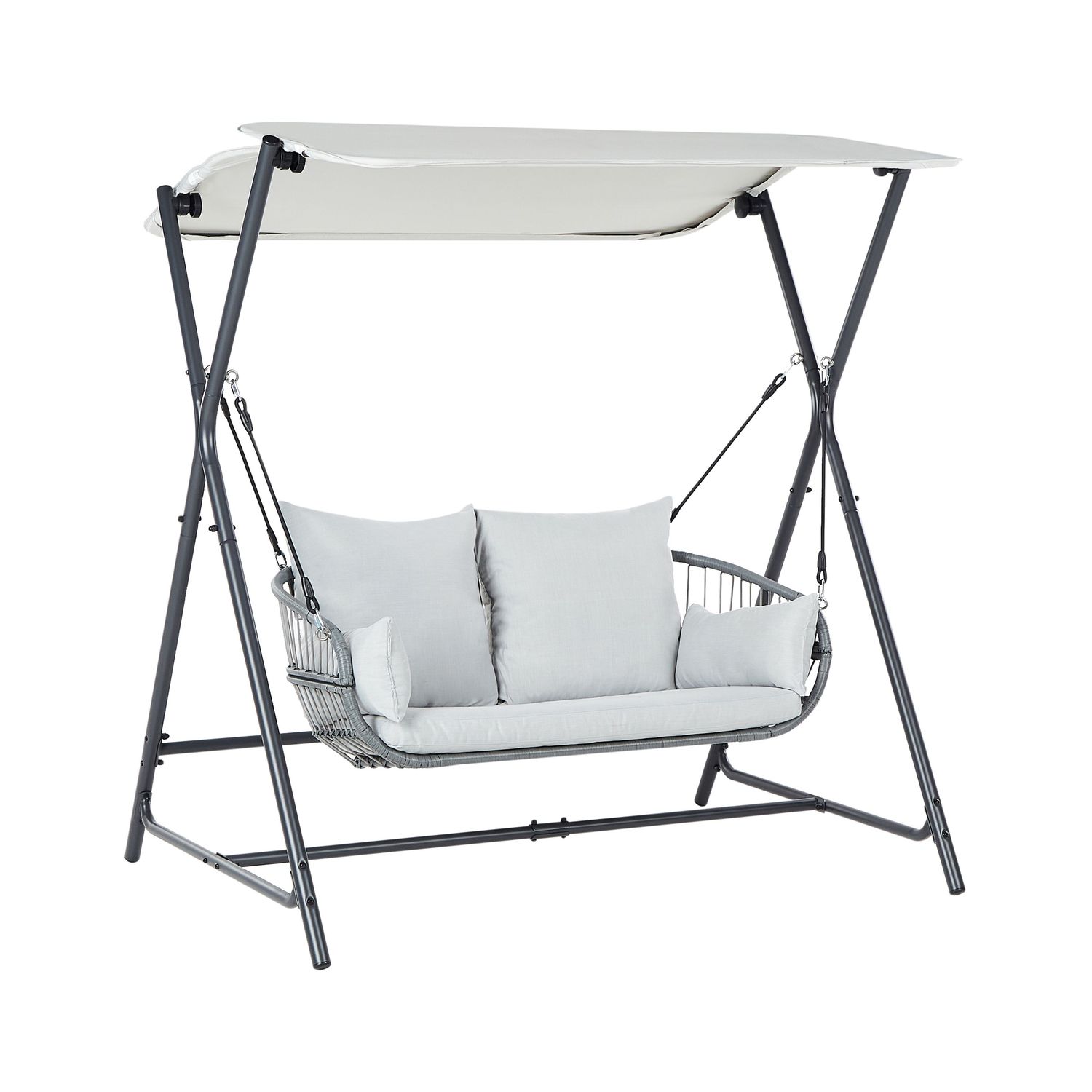 Moderne Gartenschaukel, Sitzfläche aus Polyester-Polyethylen mit Sonnendach, hellgraues Stahlgestell, Fiastra - Grau