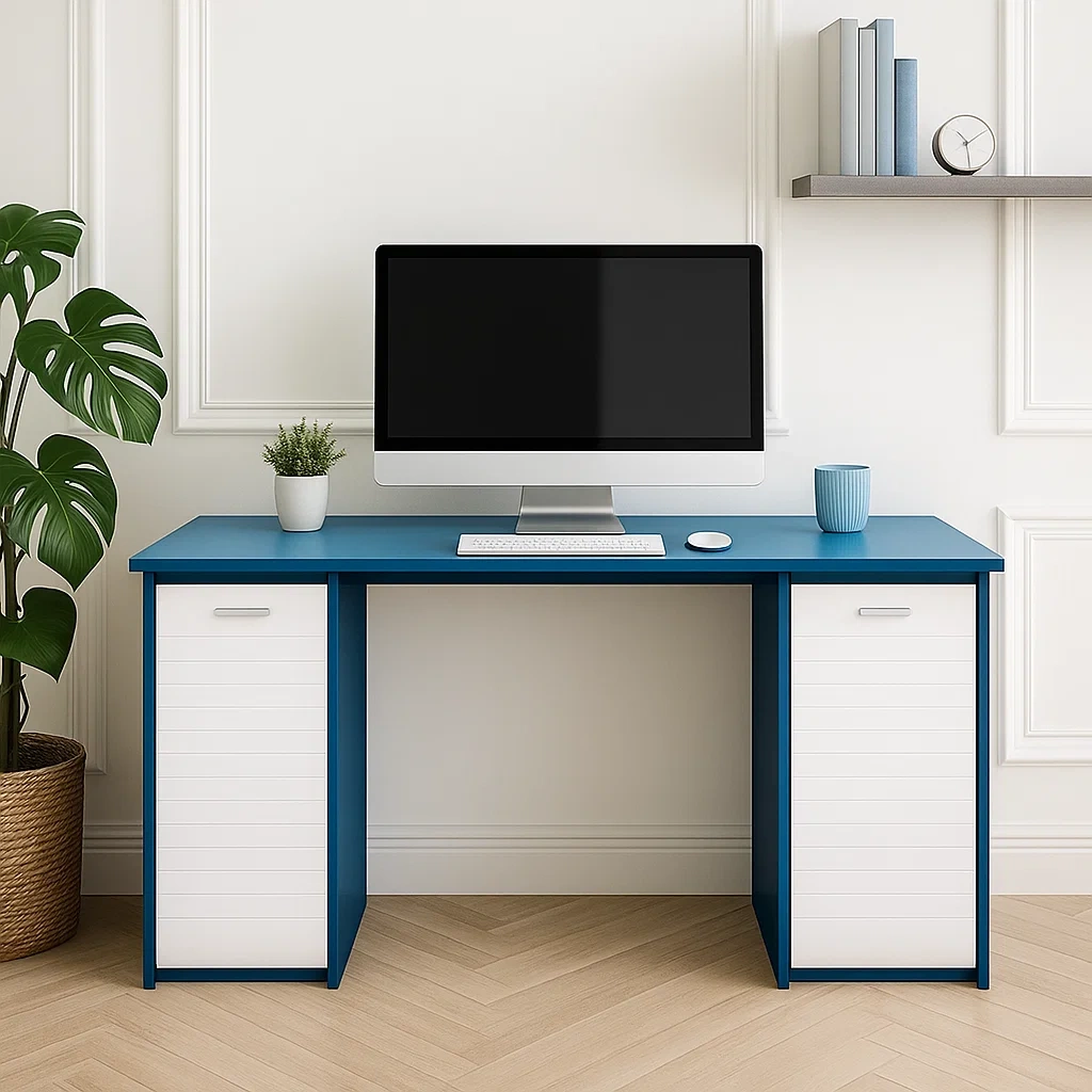 Bureau d'ordinateur à 2 portes, bleu et blanc, 120 x 50 x 75 cm - ZINYOxN298xo