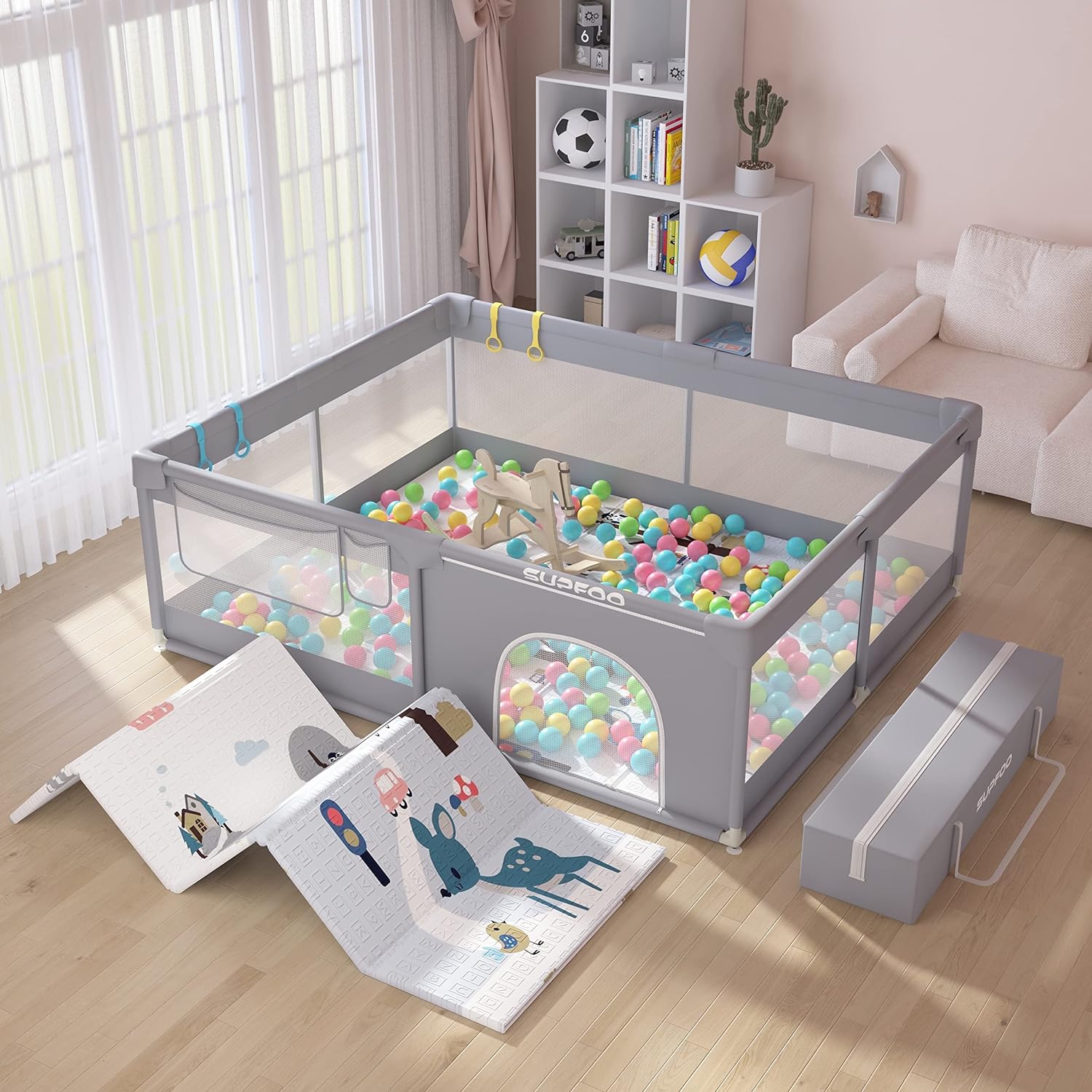 SUPFOO Extra großes Laufgitter 2025 mit Matte 180x150x68 cm für Babys und Kleinkinder. Mit dicker Schaumstoffeinlage.