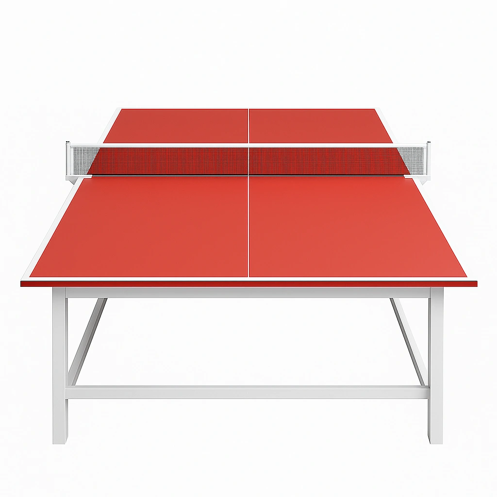 Table de ping-pong rouge avec filet et roulettes. Acier. Usage intérieur/extérieur. 274 x 152,5 x 76 cm