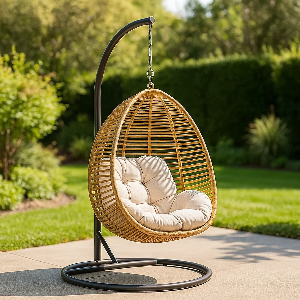 Fauteuil suspendu en forme de goutte d'eau, en rotin synthétique naturel avec coussins beiges et support en métal noir, idéal pour le jardin ou la terrasse, 100 x 95 x 195 cm - ui8KMA71PdGD