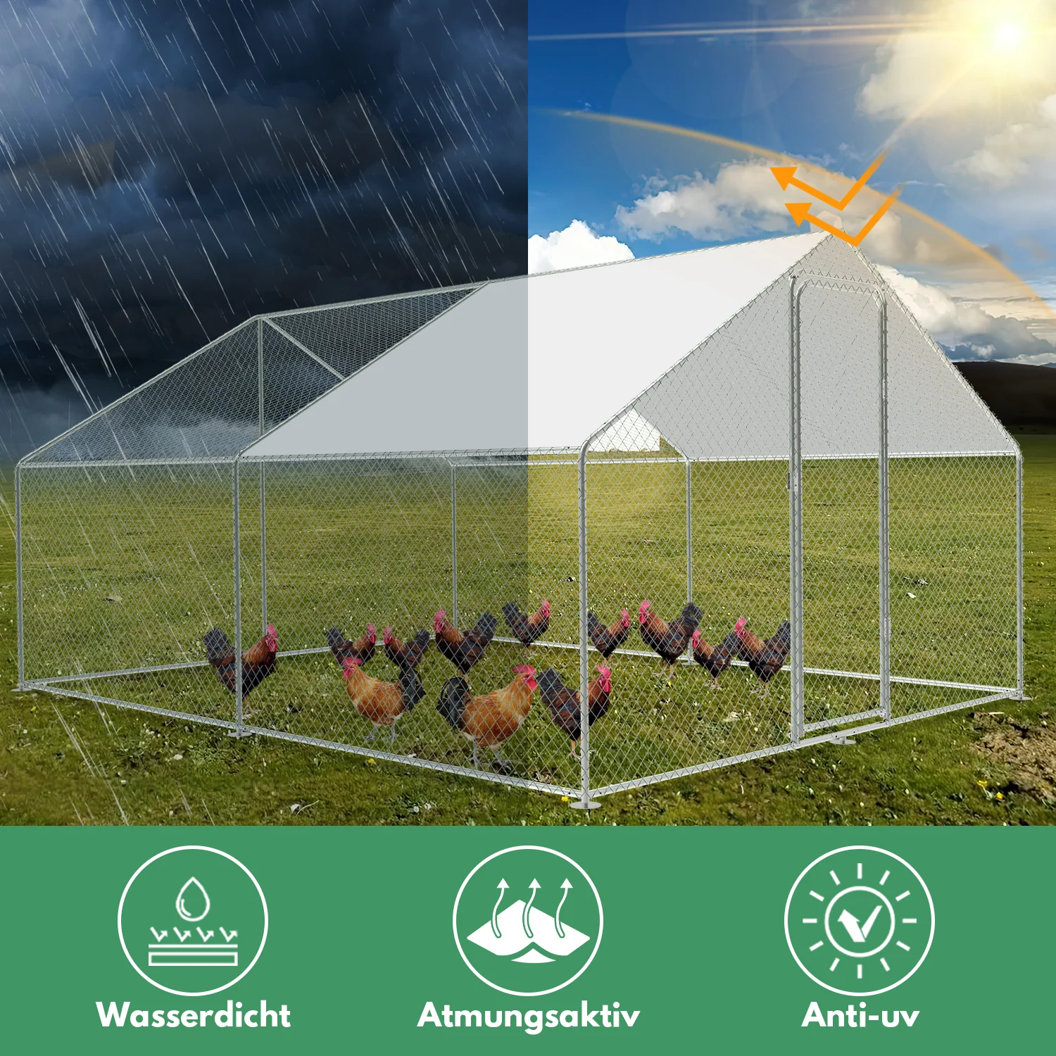 Sonnewelt 2025 Metall-Hühnerstall für den Außenbereich mit Markise – 3 x 4 x 2 m