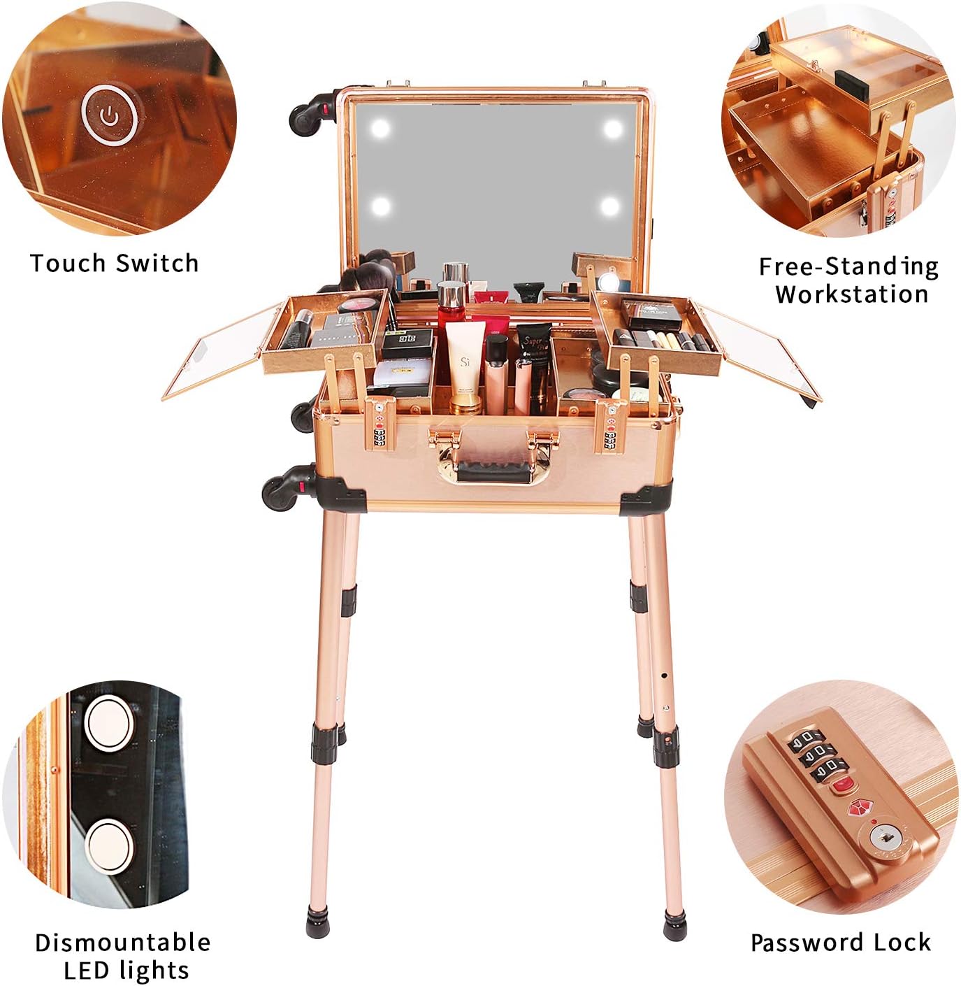 Mittelgroßer Make-up-Koffer mit Zahlenschloss, beleuchtetem Spiegel, Lautsprecher, Reise-Kosmetikorganizer, professioneller Trolley für Künstler, eigenständiger Studiokoffer