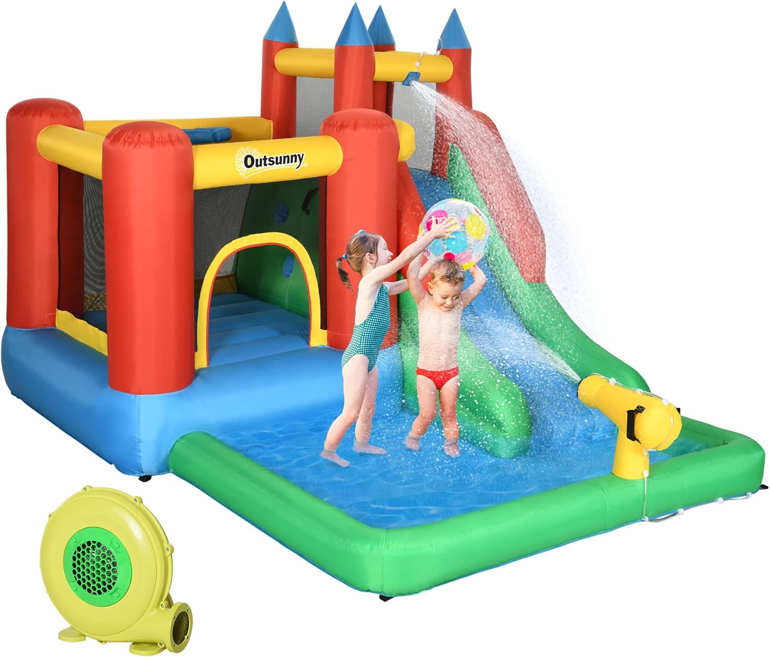Aufblasbare Hüpfburg von Outsunny für Kinder ab 3 Jahren, inklusive Pumpe, Wasserpark mit Rutsche, Trampolin, Pool und Tragetasche, 330 x 245 x 215 cm, mehrfarbig