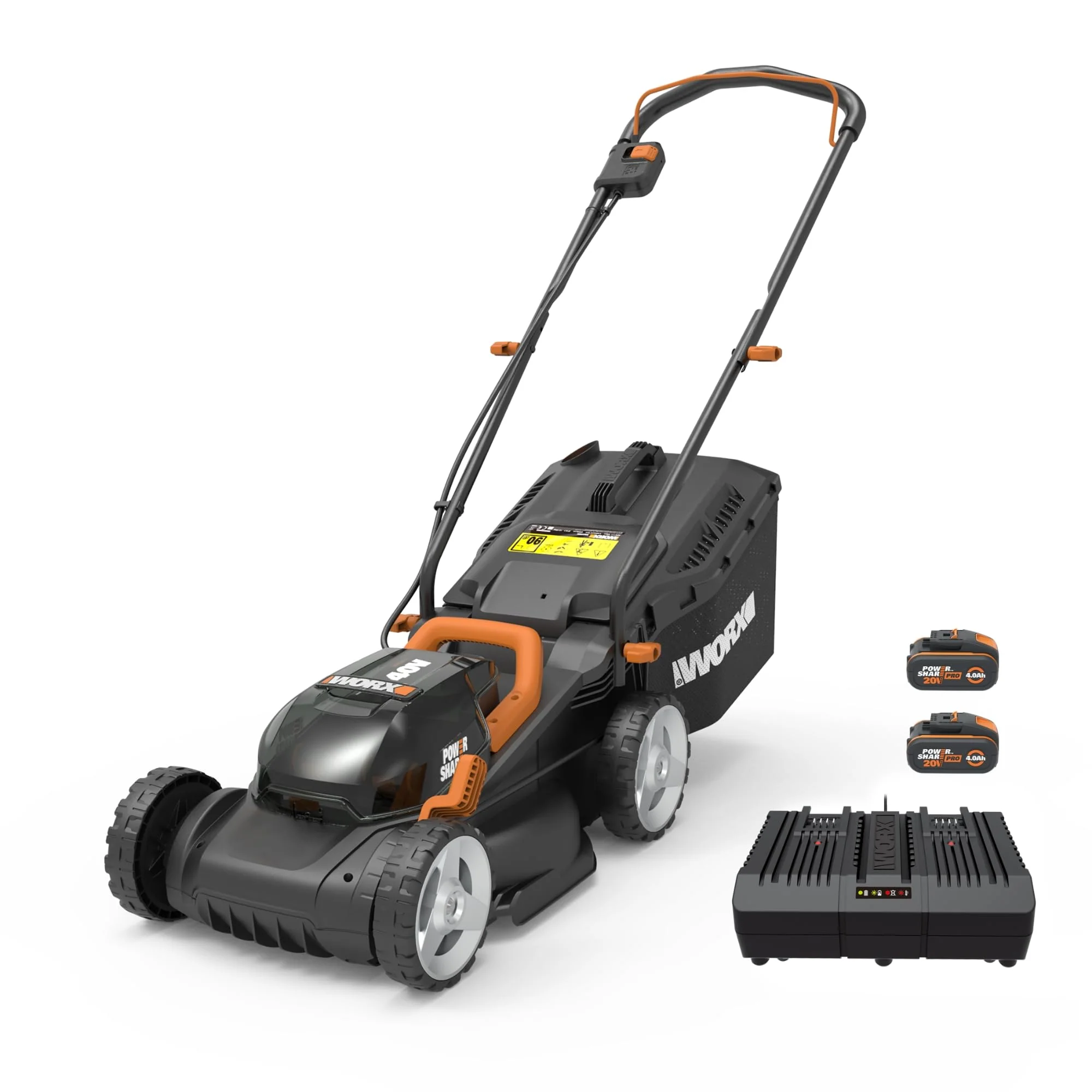 WORX WG779E.1 Akku-Rasenmäher 40 V (2 x 20 V) – Schnittbreite 34 cm – Ideal für Rasenflächen bis 460 m² – IntelliCut-Technologie – Platzsparend zu verstauen – Inklusive 2 x 4-Ah-Akkus und Dual-Schnellladegerät
