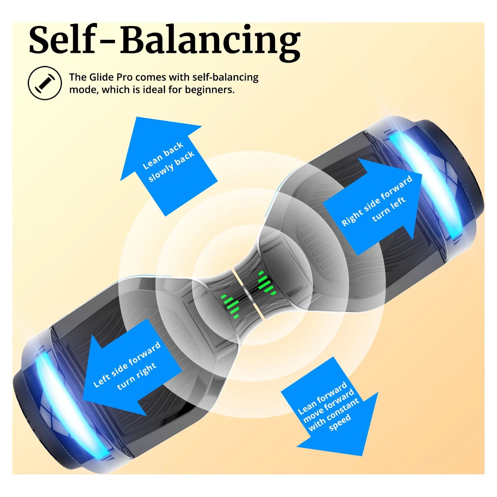 GOTRAX GLIDE PRO Hoverboard (Modelljahr 2025) mit Bluetooth. 6,5-Zoll-Räder und 7-farbige LED-Beleuchtung. Selbstbalancierender Scooter für Kinder und Erwachsene (20–80 kg). Farbe: Silber.