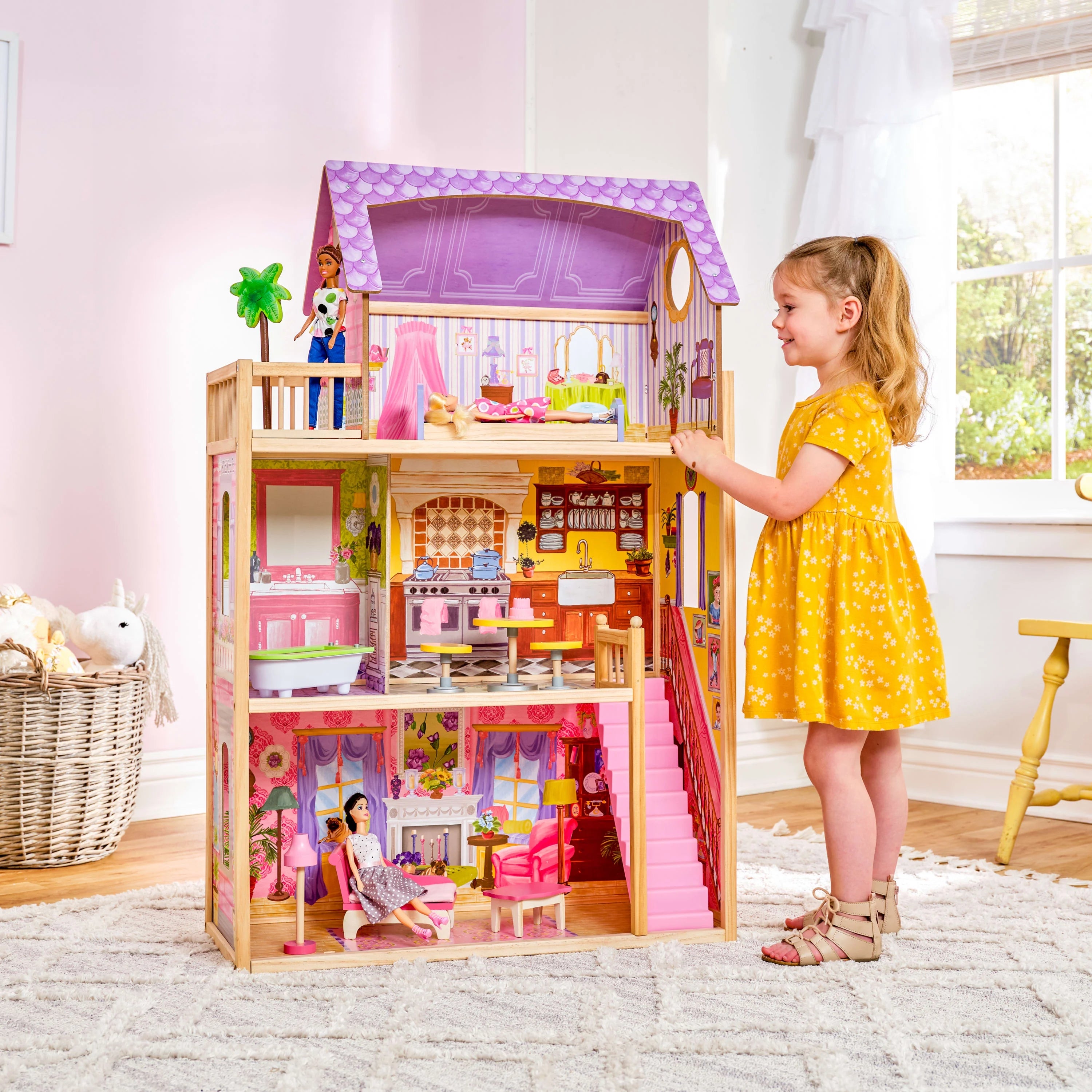 KidKraft Kayla Puppenhaus aus Holz mit 10-teiligem Möbelset, fast 1,20 Meter hoch