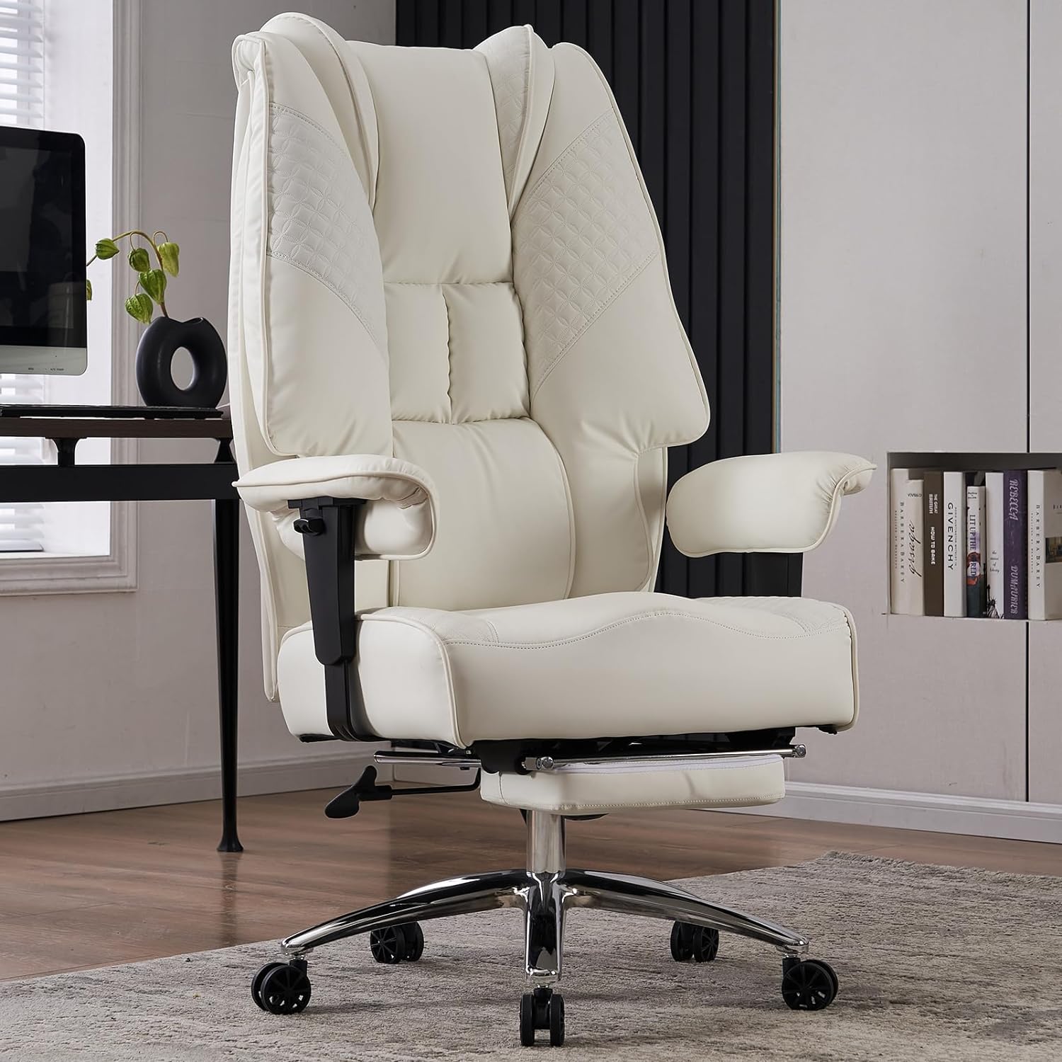 Hoher und breiter Bürostuhl für 181 kg, Chefsessel aus Leder mit hoher Rückenlehne und Fußstütze, ergonomischer Stuhl mit Lendenwirbelstütze zur Linderung von Rückenschmerzen (Beige)